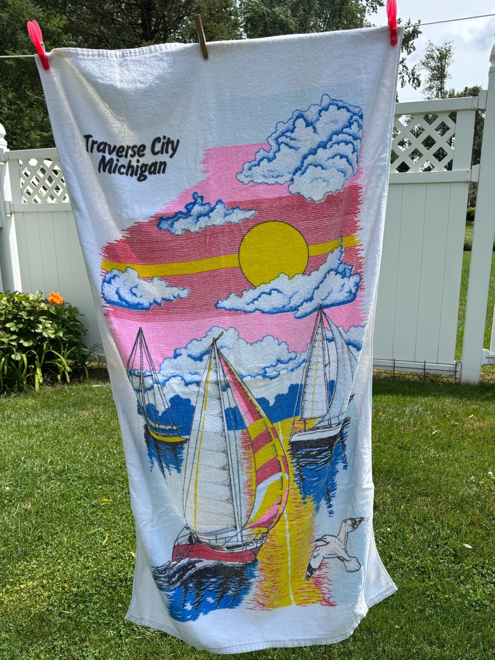 Vintage Sherry Traverse City Michigan Souvenir Towel Sail Boats